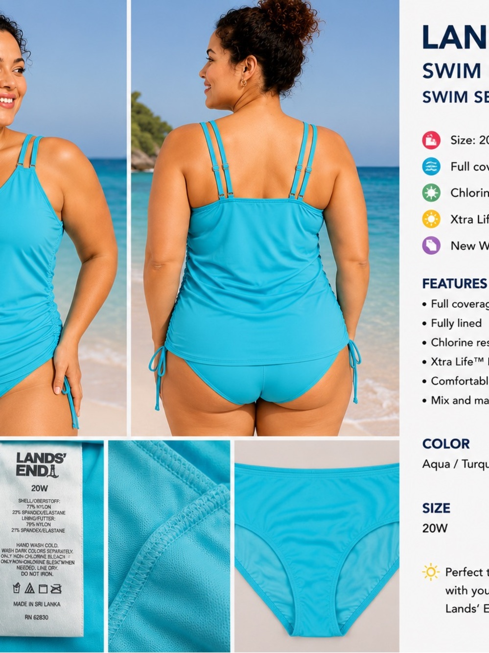 NWT Lands’ End Aqua Swim Bikini Bottom Size 20W Turquoise Full Coverage
